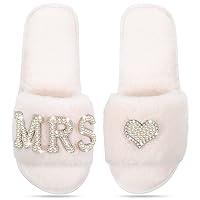 Bride Slippers White Wedding Shoes for Women Fuzzy Bridal Slippers for Bridal Shower, Bachelorette, Engagement Party
