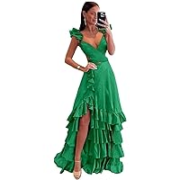 Women's Ruffle Pleated Layered Prom Dresses A Line Formal Evening Party Gowns with Slit