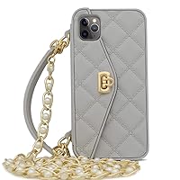 for iPhone 12 Pro Handbag Case with Card Holder Wrist Lanyard Strap Soft Silicone Cover Wallet Case for Women Luxury Stylish Long Pearl Crossbody Chain Case Gray
