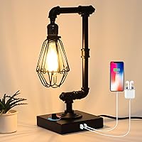 【Upgrade】FAGUANGAO 𝙄𝙣𝙙𝙪𝙨𝙩𝙧𝙞𝙖𝙡 Table Lamp,𝙎𝙩𝙚𝙖𝙢𝙥𝙪𝙣𝙠 Knob Control Stepless Dimmable Edison Pipe Desk Lamp with USB A+C Ports,Bedside Lamp for Bedroom,Office,Living Room(Bulb Included)
