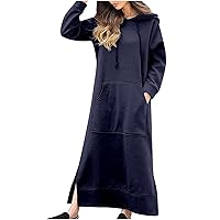 Women's Fall Winter Hooded Sweatshirt Robe Long Sleeve Split Side Hem Drawstring Hoodies Kaftan Solid Maxi Dresses