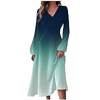 Women's Formal Dresses Autumn and Winter Casual Fashion V-Neck Long Sleeve Gradient Print Dress, S-2XL