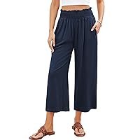 GRAPENT Capri Pants for Women High Waisted Wide Leg Linen Palazzo Trousers Pull On Elastic Smock Waist Loose Flowy Pants