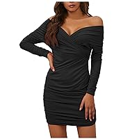 Women's Sexy Dress for Party Wrap Chest One Line Collar Drawstring Pleated Long Sleeve Dress