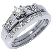 14k White Gold .50 Carats Round & Princess Diamond Engagement Ring Bridal Set