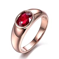 Real Gold Created Ruby Ring Band for Women Solitaire Oval Ruby Engagement Wedding Statement Ring for Her, Bezel Set