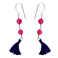 Silvesto India Wire Wrapped Pink Quartz, 92.5 Sterling Silver Earring, Jaipur Rajasthan India Fish Hook-Blue Tassel-Handmade Jewelry Manufacturer
