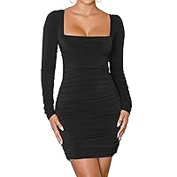 Mokoru Women's Sexy Ruched Bodycon Square Neck Long Sleeve Tight Party Mini Dress