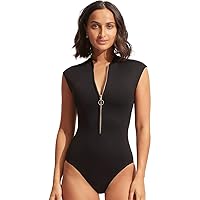 Seafolly Women's Standard Cap Sleeve Zip Front One Piece Swimsuit