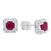 Dazzlingrock Collection 4 MM Cushion Ruby & Baguette & Round White Diamond Ladies Stud Earrings, Sterling Silver