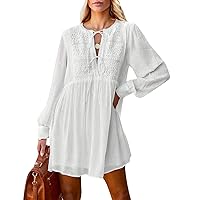 Women Tie Front Bow Mini Dress Casual Long Sleeve Lace Embroidery Tank Dress Summer Beach Flowy Layered V-Neck Dress