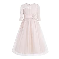 FEESHOW Floral Lace Flower Girl Dress Half Sleeved First Communion Wedding Bridesmaid Party Prom Gown
