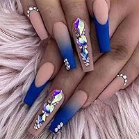 Luxury Fake Nails Extra Long Press on Rhinestone Nails Blue Coffin Acrylic False Nails With Sticker Prom Women's Nude Nails False Nails 24 pcs