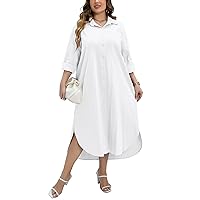 IN'VOLAND Women Plus Size Cotton Linen Shirt Dress Casual Loose Long Sleeve Button Down Maxi Dress Split Shirt Dresses