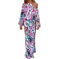 XJYIOEWT Maxi Summer Dresses for Women 2024 Vacation Trendy, Ladies Loose Printed Long Sleeve Off Shoulder Top Half BOD