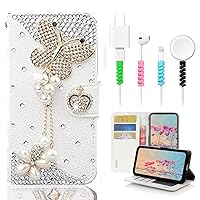 STENES Bling Wallet Phone Case Compatible with Samsung Galaxy Z Fold 4 5G Case - Stylish - 3D Handmade Butterfly Pearl Pendant Design Leather Cover with Cable Protector [4 Pack] - White