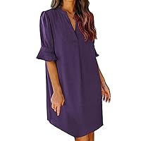 Women's V Neck Tunic Dress Loose Summer Casual Shirt Dress Ruffle Sleeve Mini Dress(Purple,X-Large)