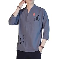 Japanese Tops Summer Men's Chinese Embroidered and Linen T-Shirt Loose Thin Breathable Shirt