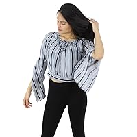 Wholesale Womens Polyester Black Navy Detailed Neck Blouse with Flared Sleeve, 6 Pieces (2S, 2M, 2L) Pack of 1