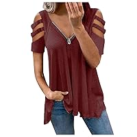 Womens Summer Top, Fashion Short Sleeve Waffle Casual Tunic Tops, Daily Loose Fit T-Shirt Zipper V-Neck Blouses Tee A- Wine