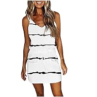 Dresses for Women 2024 Womens Summer Casual Drawstring Stripe Sleeveless Adjustable Shoulder Strap Dresses with Pockets