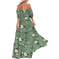 YESNO Women's Summer Casual Off Shoulder Maxi Dress Puff Short Sleeve Bohemian Floral Long Swing Dress E06