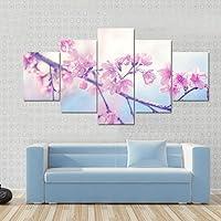 ORDIFEN Canvas Pictures For Wall 5 Pieces Prints Spring Sukura Pink Flower With Sun Sky 5 Piece Modern Posters Wall Pictures For Living Room Decor(No Frame)