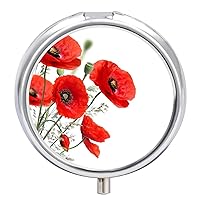 Round Pill Box Red Poppy Flowers Portable Pill Case Medicine Organizer Vitamin Holder Container with 3 Compartments