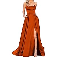 Women's Satin Prom Dresses Long Ball Gown with Slit Backless Spaghetti Straps Halter Formal Evening Party Dress (Burnt Orange,16 Plus,US,Numeric,16,Regular,Regular)