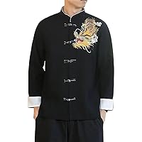 Chinoiserie Traditional Chinese Hanfu Tang Suit Dragon Embroidery Shirt Loose for Men Clothing Vintage Long Sleeve