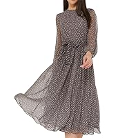 Womens Boho Polka Dots Smocked Midi Dress Crewneck Puff Long Sleeve Ruffle A-line Pleated Swing Chiffon Dresses