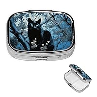 Black Cat on Tree Pill Box Small Metal Pill Case for Purse & Pocket 2 Compartment Pill Organizer with Mirror Travel Pillbox Medicine Case Portable Pill Container Unique Gift