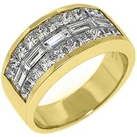 18k Yellow Gold Mens Invisible Set Princess & Baguette Diamond Ring 3.25 Carats
