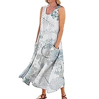 Womens Summer Outfits Casual Summer Dresses for Women 2024 Print Elegant Casual Loose Fit Trendy with Sleeveless U Neck Maxi Flowy Dress Gray Medium
