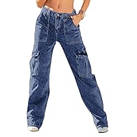 Womens Cargo Pants High Waisted Baggy Stretchy Wide Leg Y2K Streetwear Casual Denim Pants with 6 Pockets