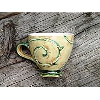 Handmade Green and Beige Pottery Mug - Floral Espresso Cup - Unique Ceramic Teacup - Perfect Birthday Gift - Coffee Sets - Home Decor (5.4 Fluid ounces)