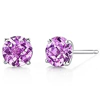 Peora Solid 14K White Gold Created Pink Sapphire Solitaire Stud Earrings for Women, Hypoallergenic 2.25 Carats total Round Shape AAA Grade, September Birthstone, Friction Backs