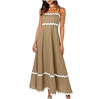Women Maxi Dresses Spaghetti Straps Sleeveless Smocked Rickrack Trim Beach Dress Summer Casual A-Line Long Sundress