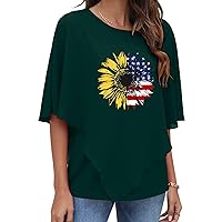 Women's Chiffon Poncho Blouses Double Layered USA Flag Sunflower Tee Shirts Summer Flowy Lightweight T-Shirts