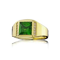 MRENITE 10K 14K 18K Solid Gold Men's Simulated Emerald Stone Signet Rings Retro Design Size 5 to 15 Engrave Name Anniversary Birthday Luxury Jewelry Gifts for Him