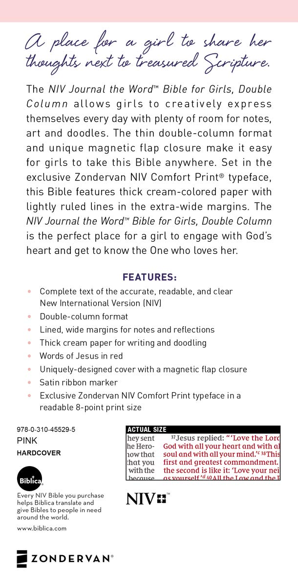 NIV, Journal the Word Bible for Girls, Double-Column, Hardcover, Pink, Magnetic Closure, Red Letter, Comfort Print: Reflect, Take Notes, or Create Art Next to Your Favorite Verses