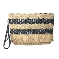 Fashion Culture Bree Striped Crocheted Straw Fringe Wristlet Clutch, Natural Black