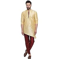 Men's indian traditional Shirt Kurta Trail Cut Wedding party Wear Big Tall Pajama Pant Set Gold Silk
