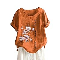 Linen Shirts for Women Cotton Linen Summer Womens Tops Tees Blouses Plus Size Casual Lightweight T Shirts 2024 Trendy Lady Shirts (S-5Xl) Orange 5X-Large