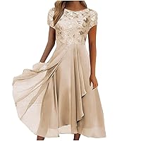Dresses for Women 2024 Cocktail Dress Elegant Lace Chiffon Flowy Dress Evening Party Gown V Neck Short Sleeve Dress