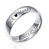 Fanery sue Custom Personalized Engraved Name Ring for Men and Women Valentines Day Gift for Him/Her Customizable Stackable Simple Dome Couples Wedding Anniversary Band Promise Rings 4MM/6MM