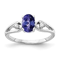 Solid 14k White Gold 7x5mm Oval Tanzanite Blue December Gemstone Diamond Engagement Ring (.05 cttw.)