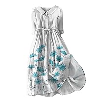 Flower Dresses for Women 2024, Womens Floral Print Lapel Buttoned 3/4 Sleeves Strappy Button Down Dress, S, 3XL