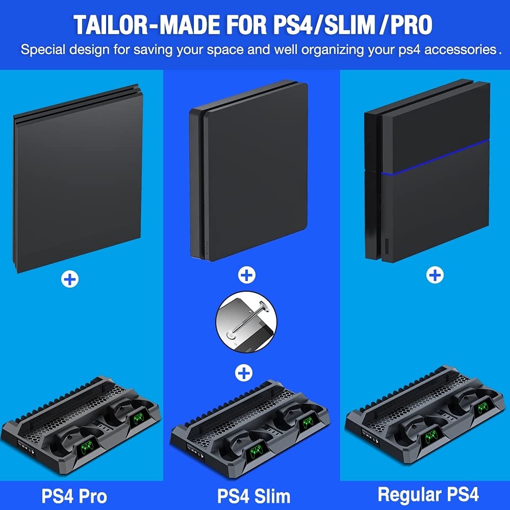 Kawaye PS4 Stand Cooling Fan for PS4 Slim/PS4 Pro/Playstation 4, PS4 Vertical Stand Cooler with Dual Controller Charge Station & 16 Game Storage, PS4 Organizer Stand with Game Storage PS4 Accessories