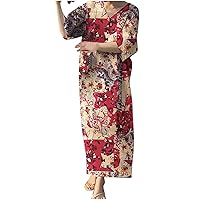 Women Vintage Floral Print Tunic Shirt Dress Cotton Linen Short Sleeve V Neck Casual Loose Fit Fashion Robe Dresses